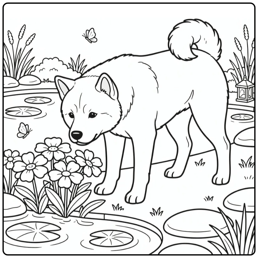 Akita coloring page with dog and garden pond
