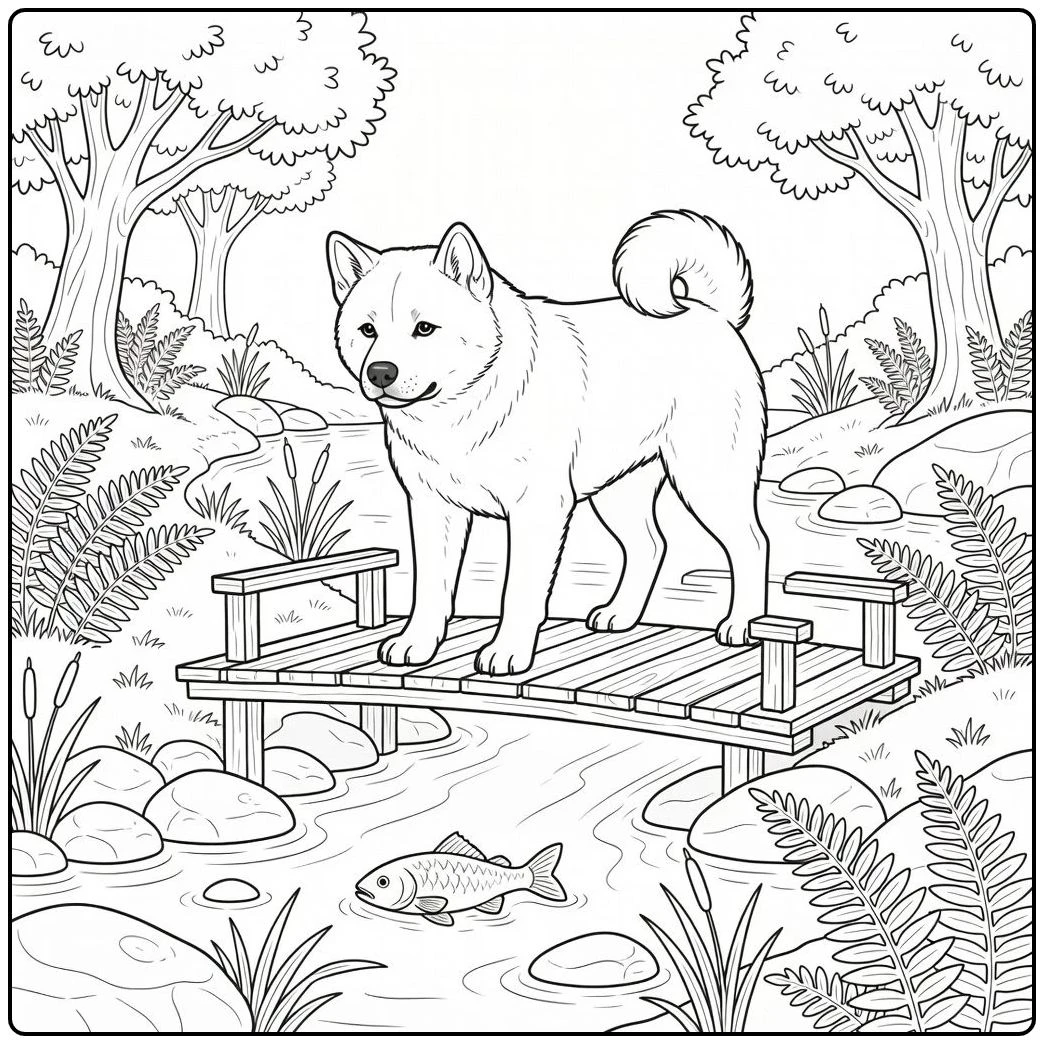Akita coloring page with akita on bridge and fish in stream