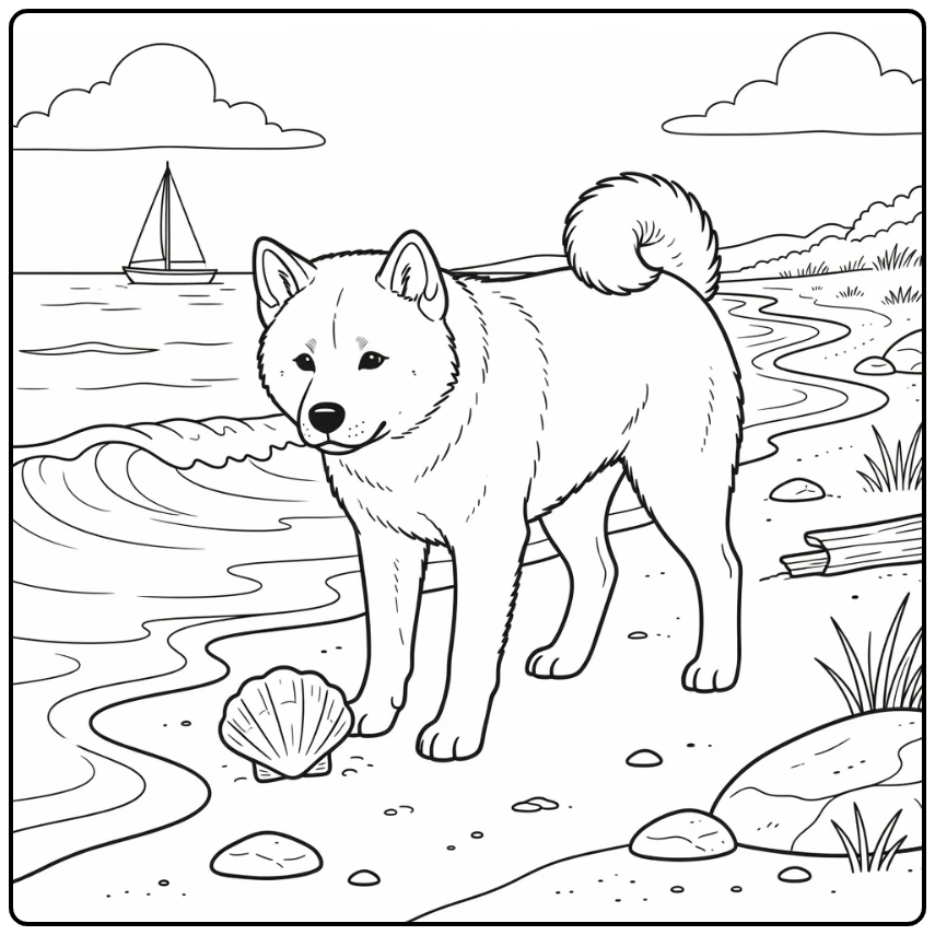 Akita coloring page dog on beach inspecting seashell
