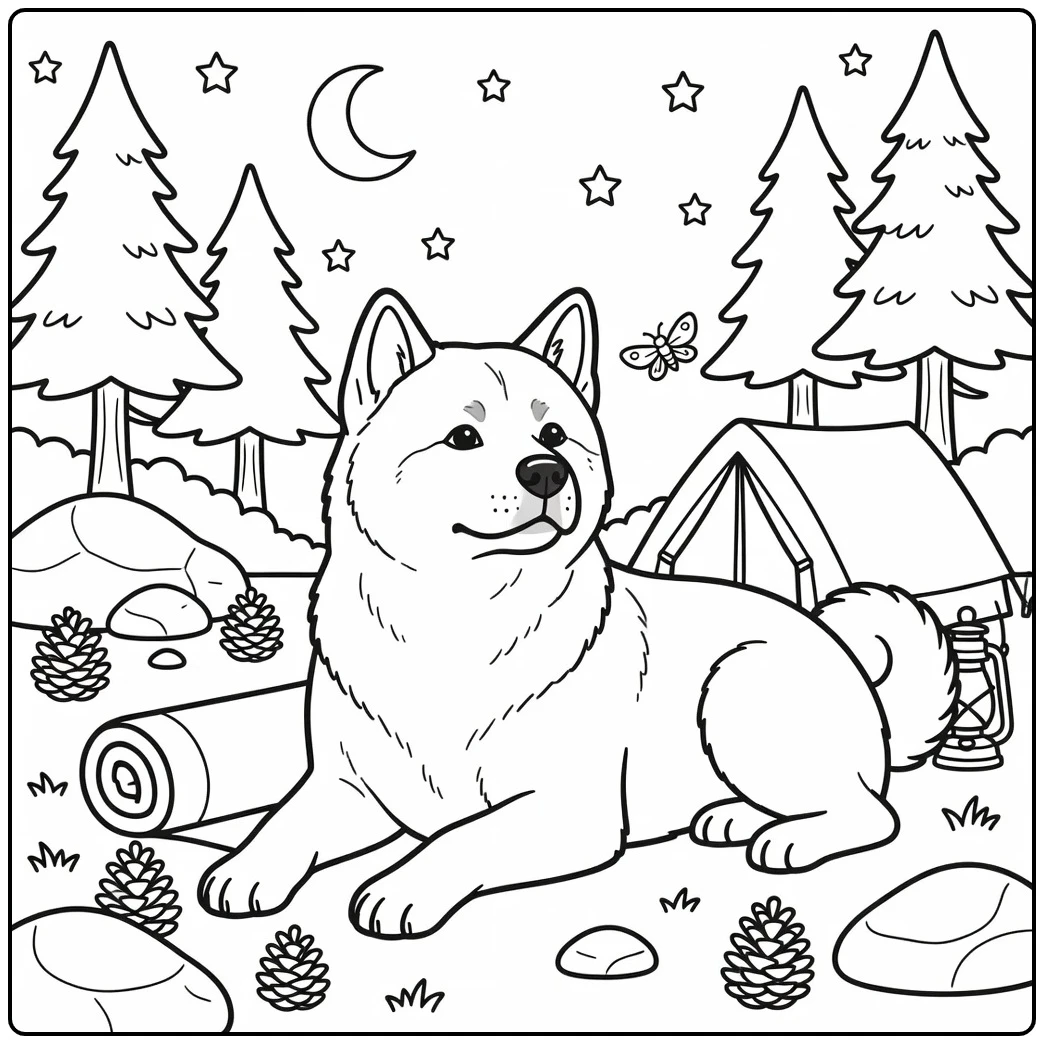 Akita Coloring Page Cute Akita by Camping Tent