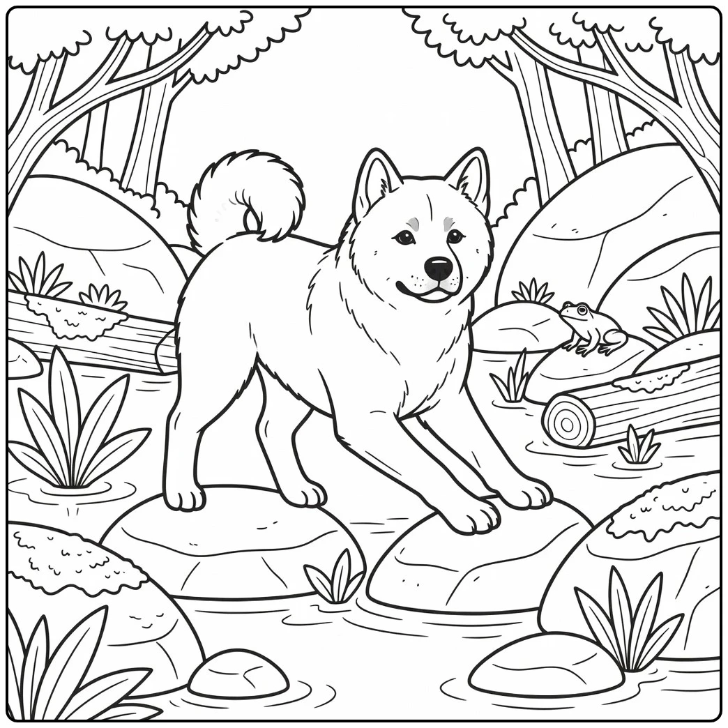 akita coloring page cute akita balancing on stones
