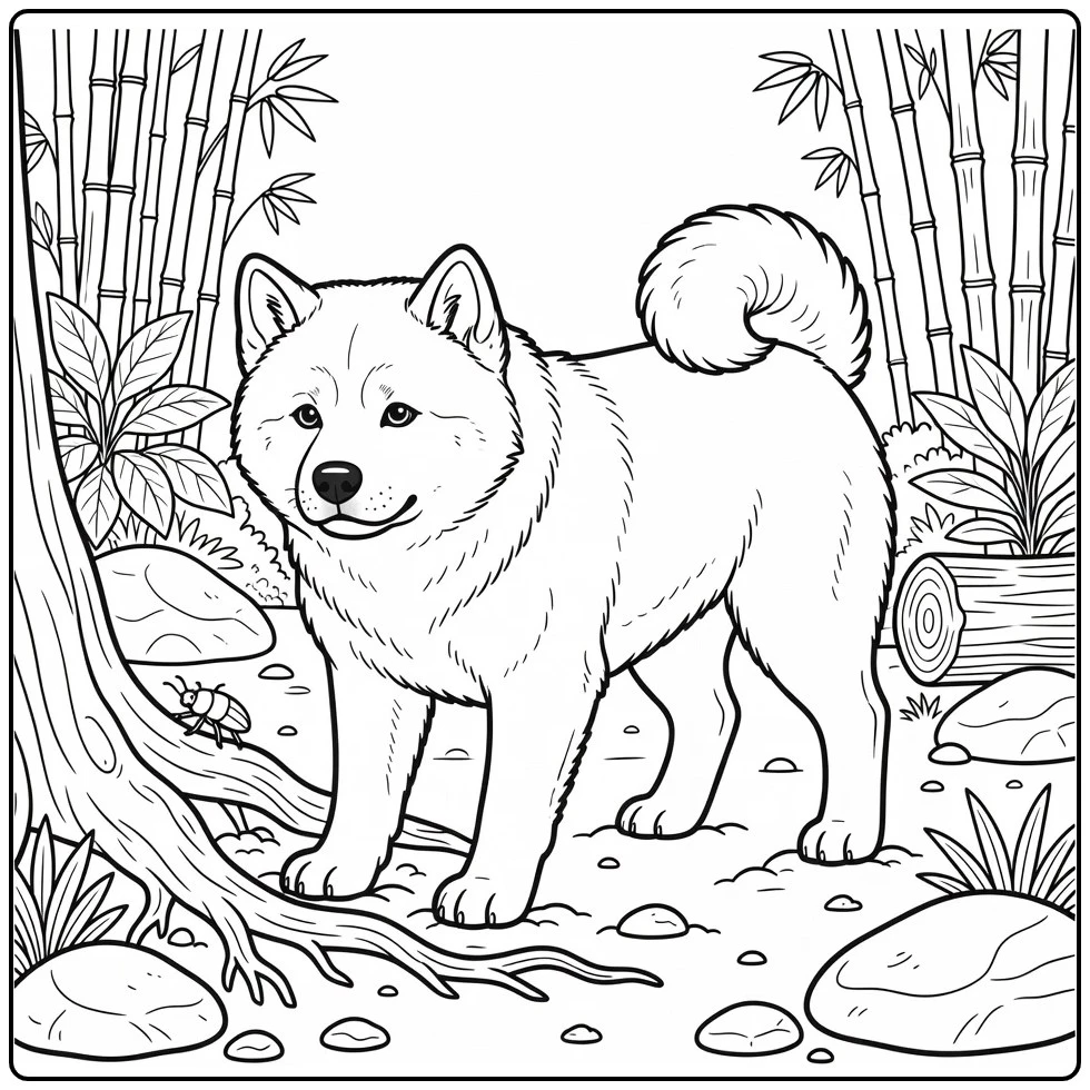 Akita coloring page of playful dog in woodland scene