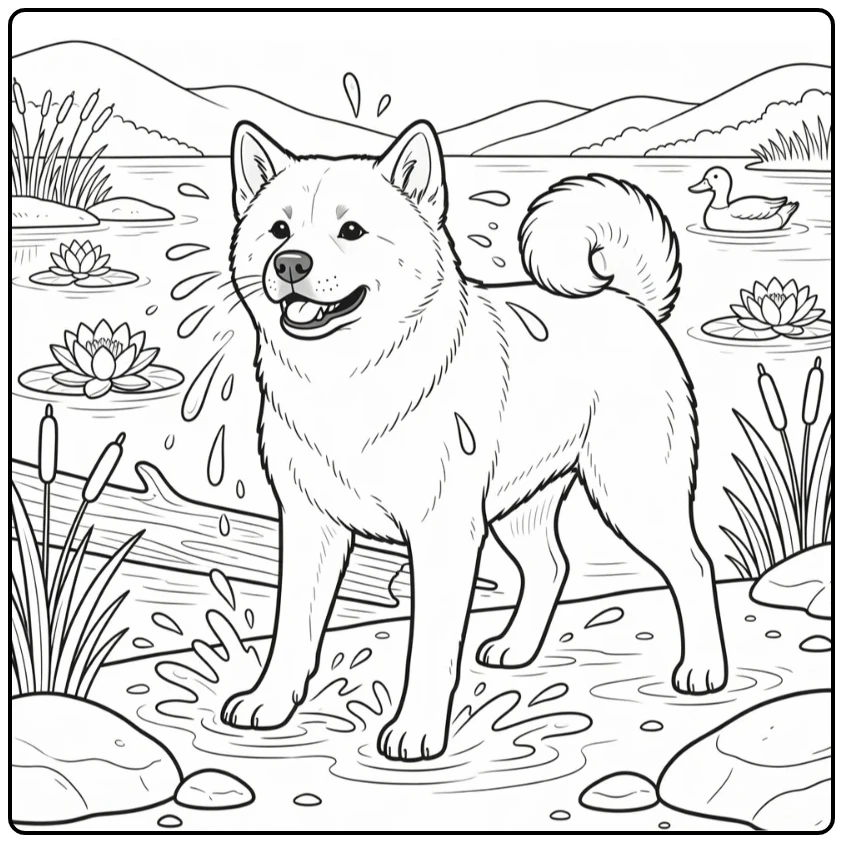 akita coloring page dog shaking water at lakeside cove