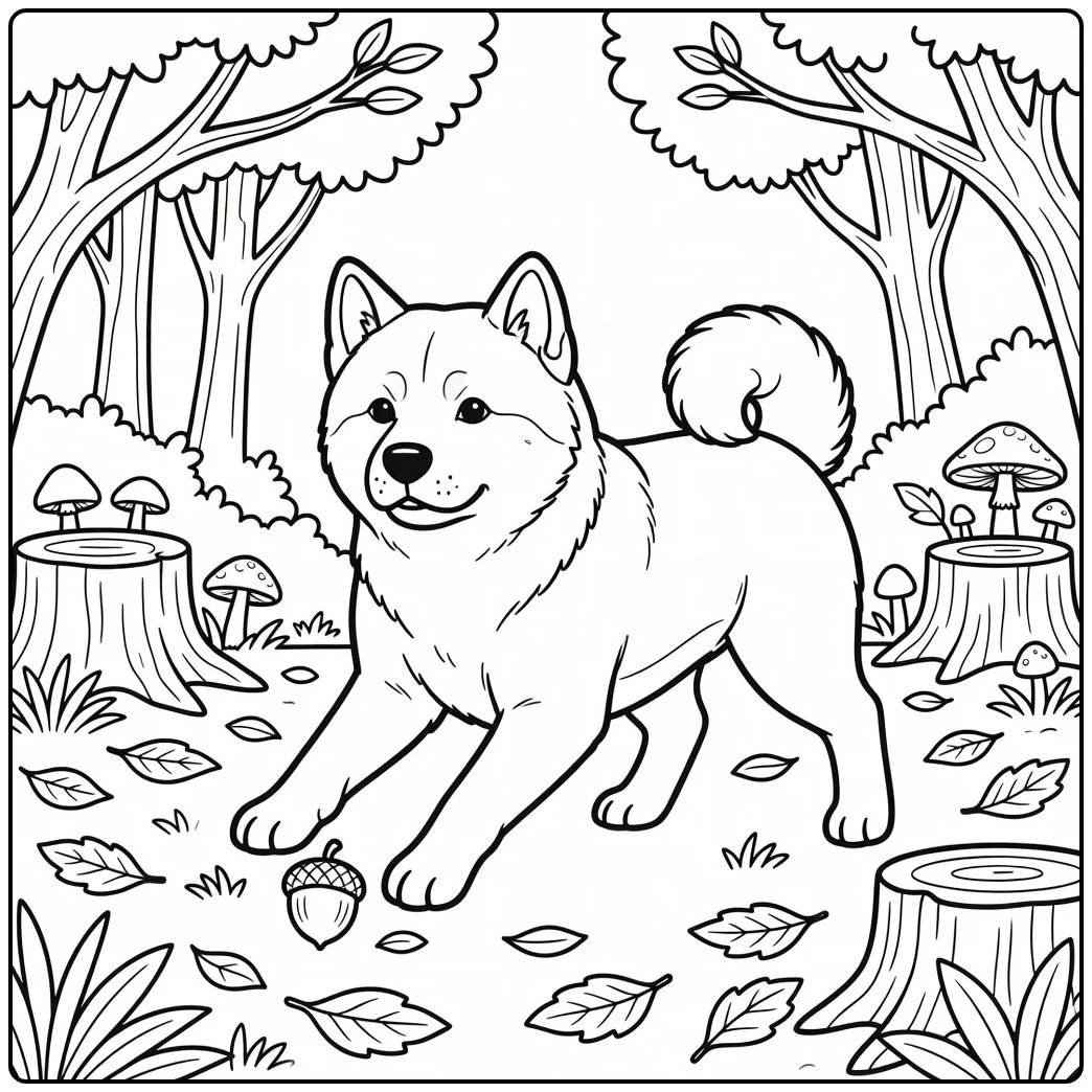 Akita coloring page playful Akita in autumn woods