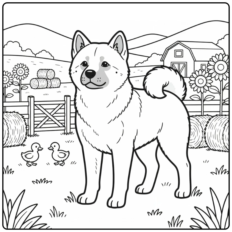 Akita coloring page of dog watching ducklings at farm gate