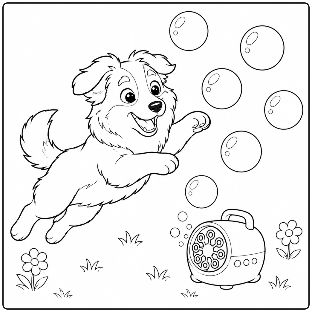 Playful Australian Shepherd jumps toward large bubbles beside a small bubble machine