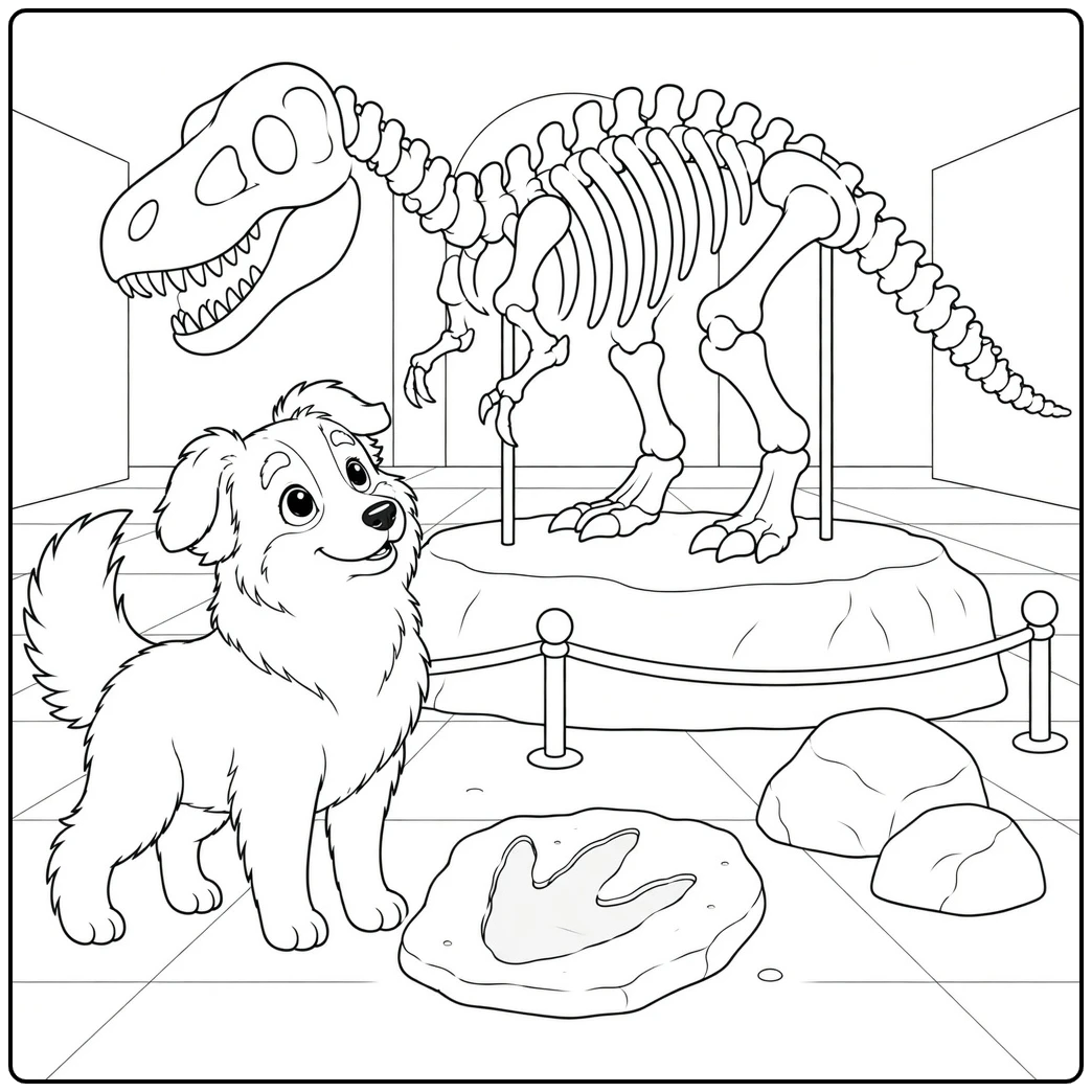 Curious Australian Shepherd studies a dinosaur skeleton and a large fossil footprint