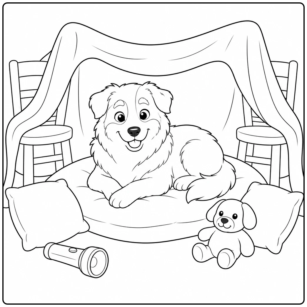 Australian Shepherd resting inside a blanket fort with pillows, flashlight, and plush toy