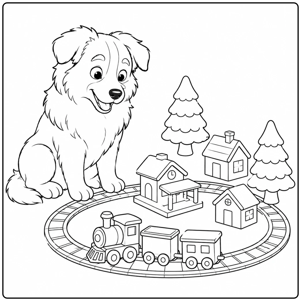 Smiling dog beside a toy train village in an australian shepherd coloring page