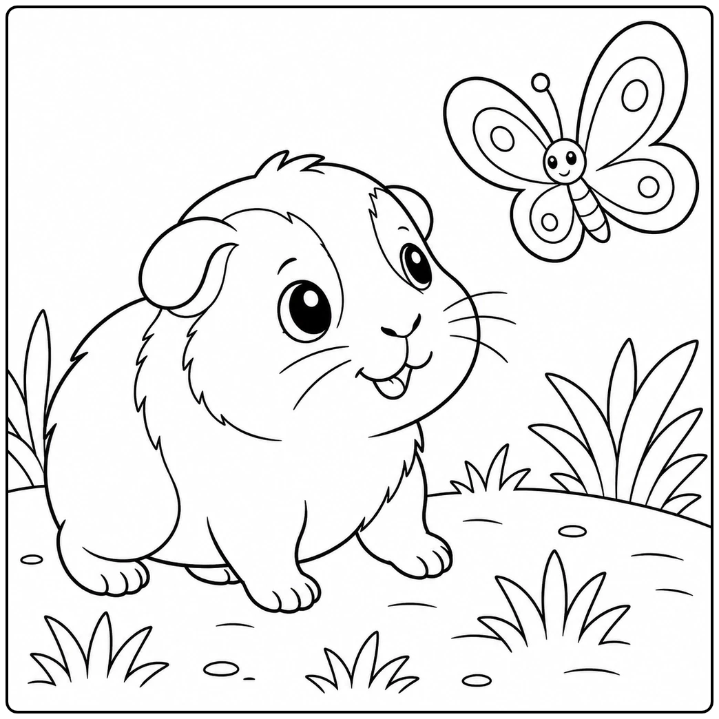 Smiling young guinea pig watching a butterfly above a simple grassy scene with pebbles