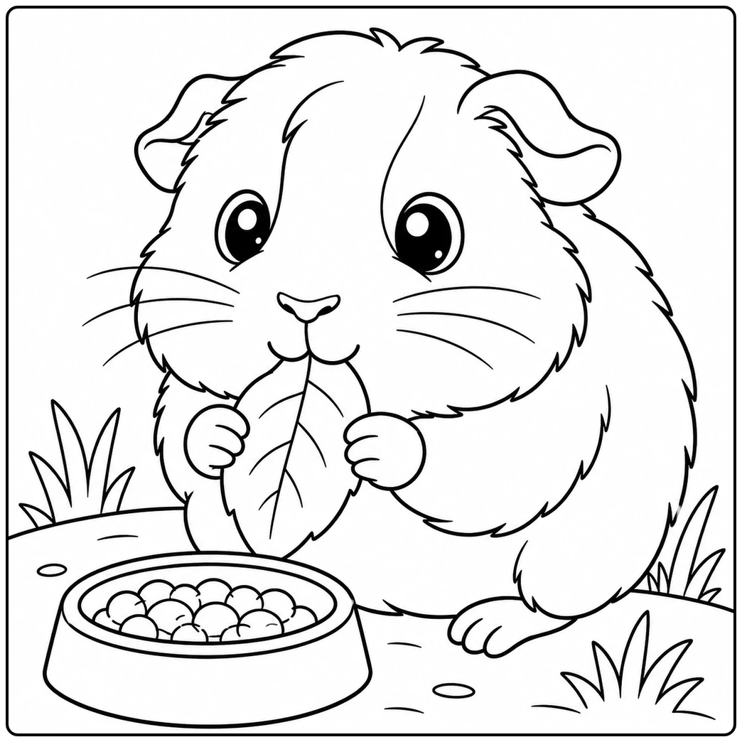 Baby guinea pig holding a leaf near a pellet bowl, baby guinea pig coloring page with grass details