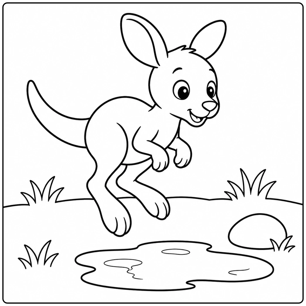 Little kangaroo hopping over a shallow puddle with grass tufts and a smooth stone nearby