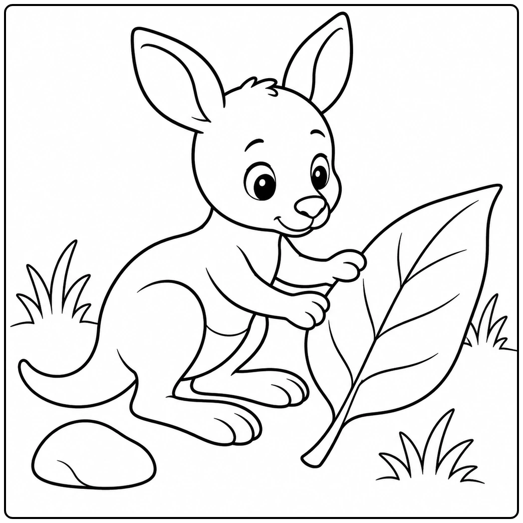 Young kangaroo holding a large leaf beside grass and a rounded rock on a baby kangaroo coloring page