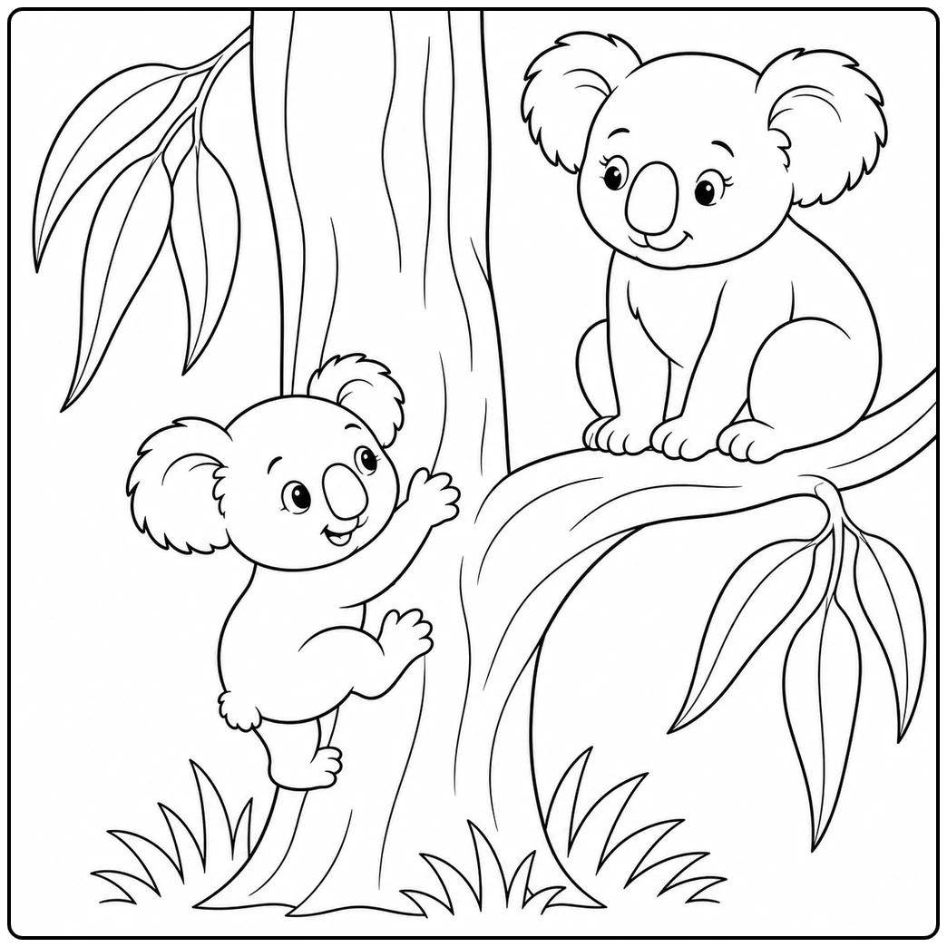 Young koala climbs a tree trunk toward an adult koala resting on a leafy branch