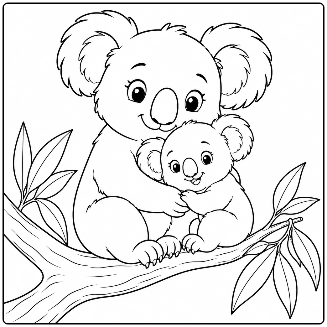 Mother and baby cuddle on a branch in this baby koala and joey coloring page