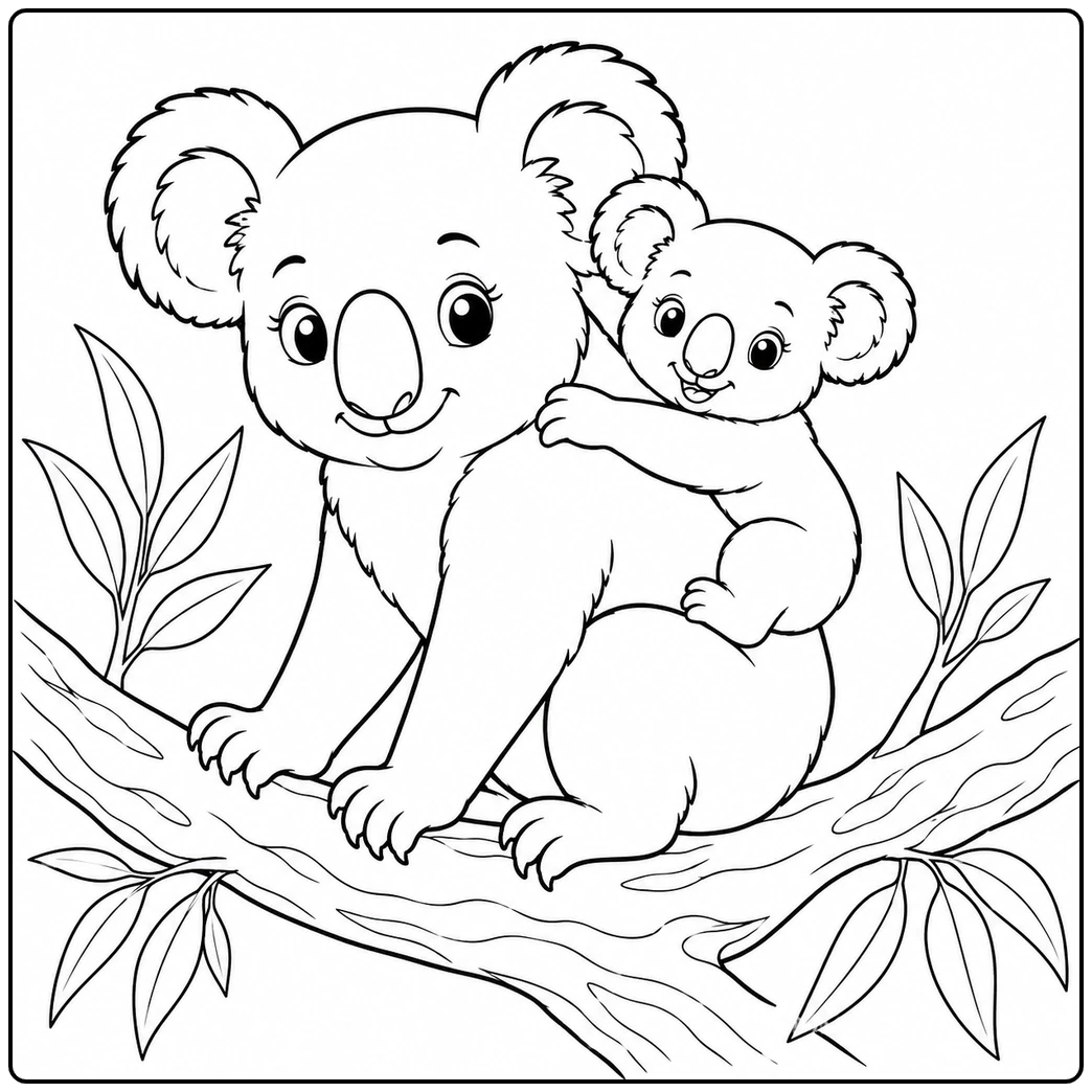 Mother koala sits on a tree branch with a smiling joey clinging gently to her back