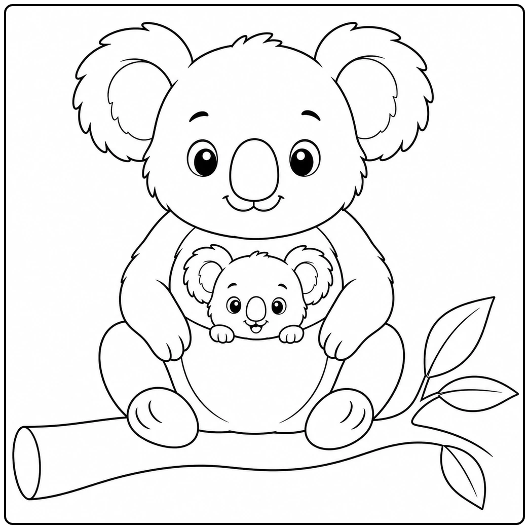 Adult koala sits on a branch while a small joey peeks out between her arms