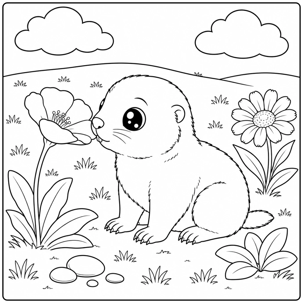 Baby prairie dog sniffing a large wildflower in a prairie dog coloring page with low grass