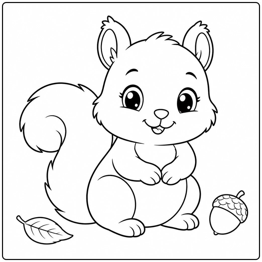Baby squirrel sitting beside an acorn and leaf in a simple preschool coloring scene