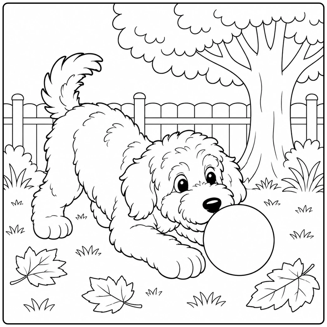 Curious Bernedoodle nudging a large ball across a backyard lawn beneath a broad shade tree