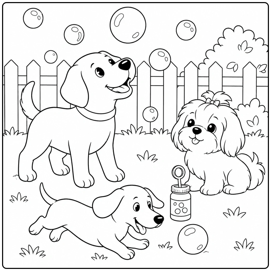 Three puppies chase floating bubbles in a fenced backyard beside a small bubble bottle