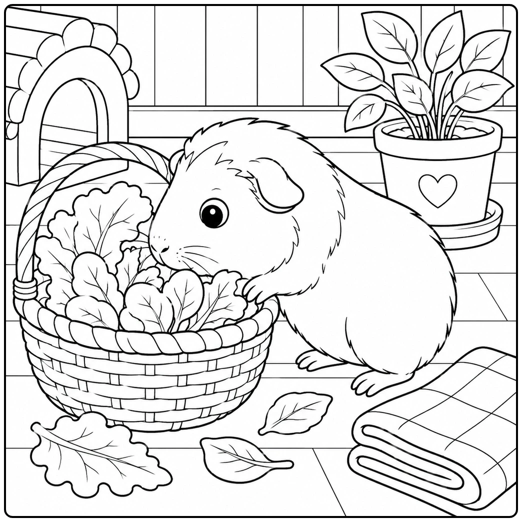Guinea pig reaching into a basket of leafy greens near a potted plant and folded cloth indoors