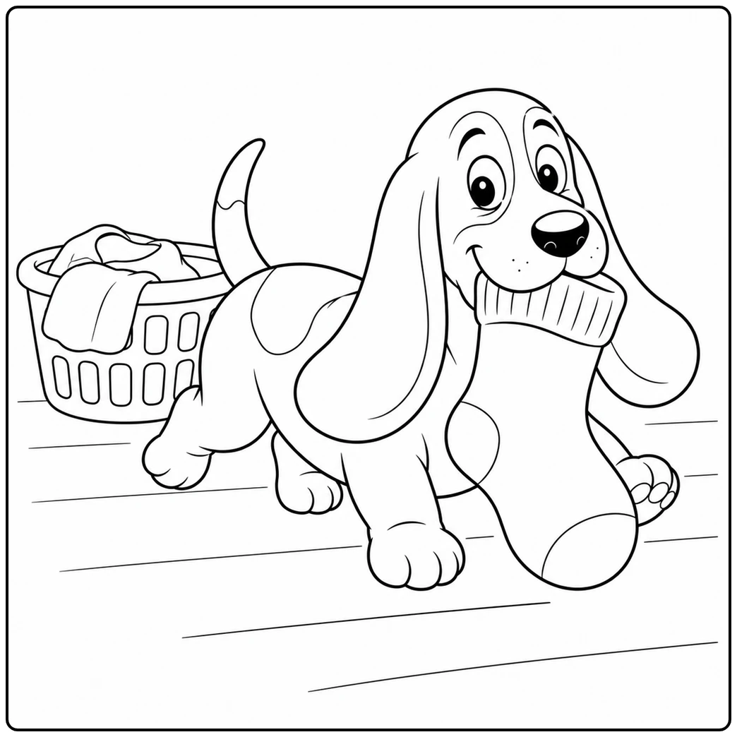 Playful Basset Hound carries a large sock beside a filled laundry basket