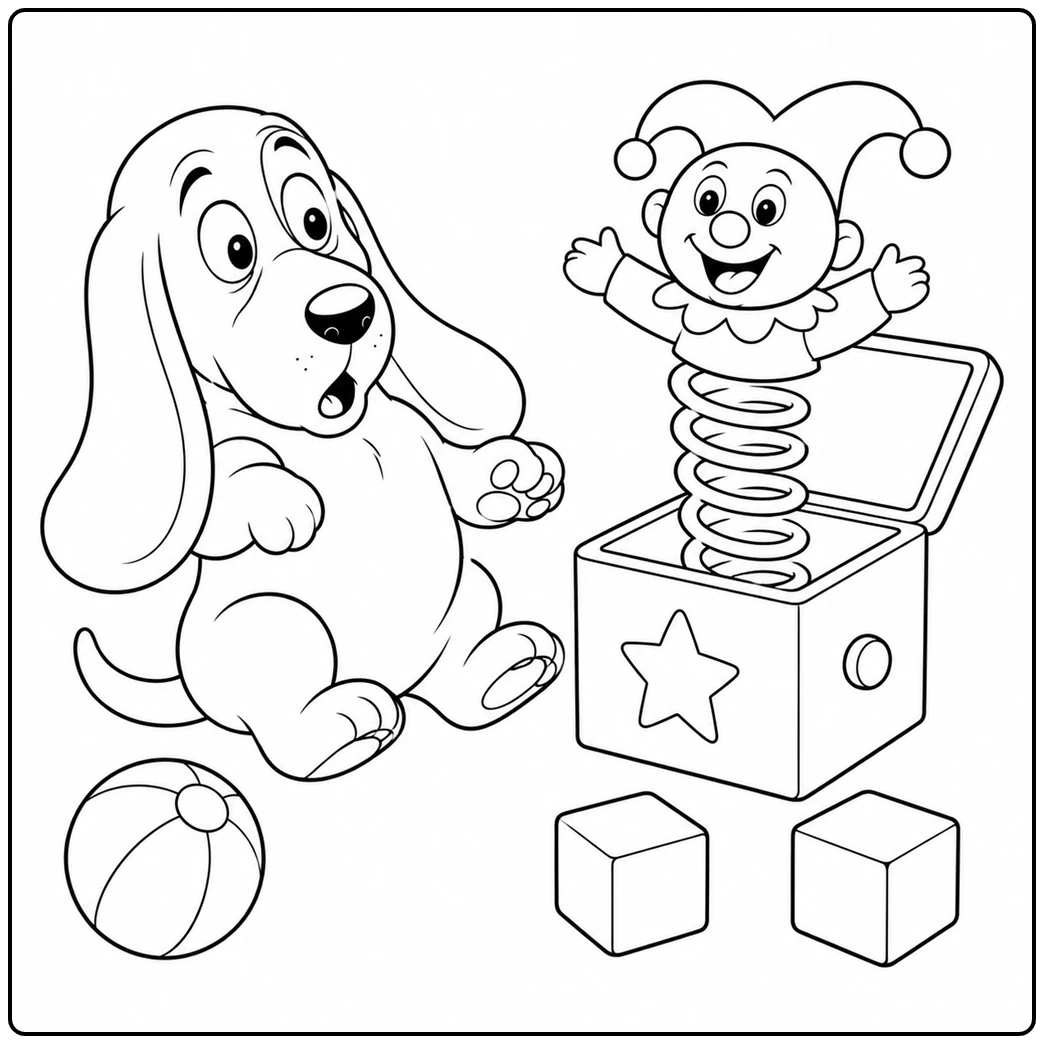 Surprised Basset Hound leans back as a jester pops from a jack-in-the-box