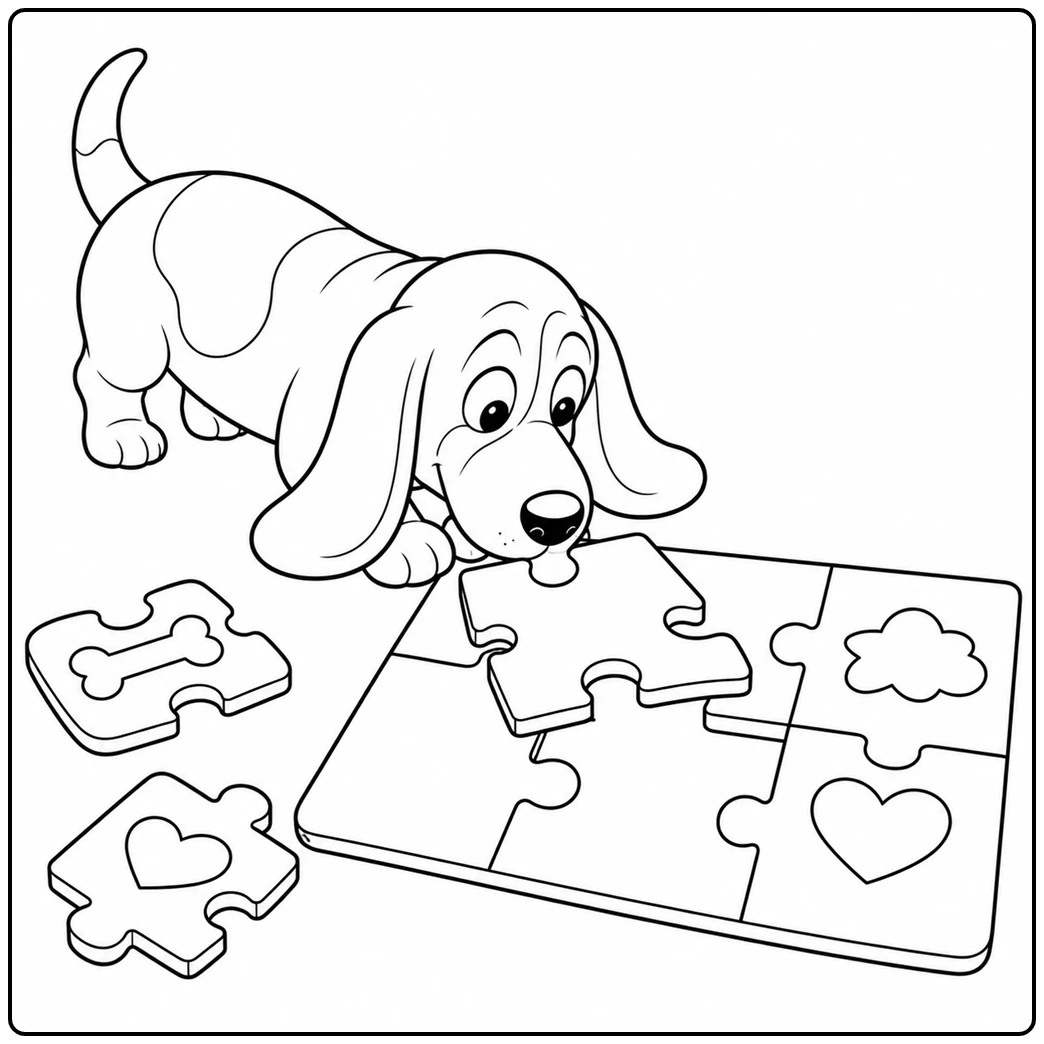 Curious dog nudges giant puzzle pieces in this basset hound coloring page