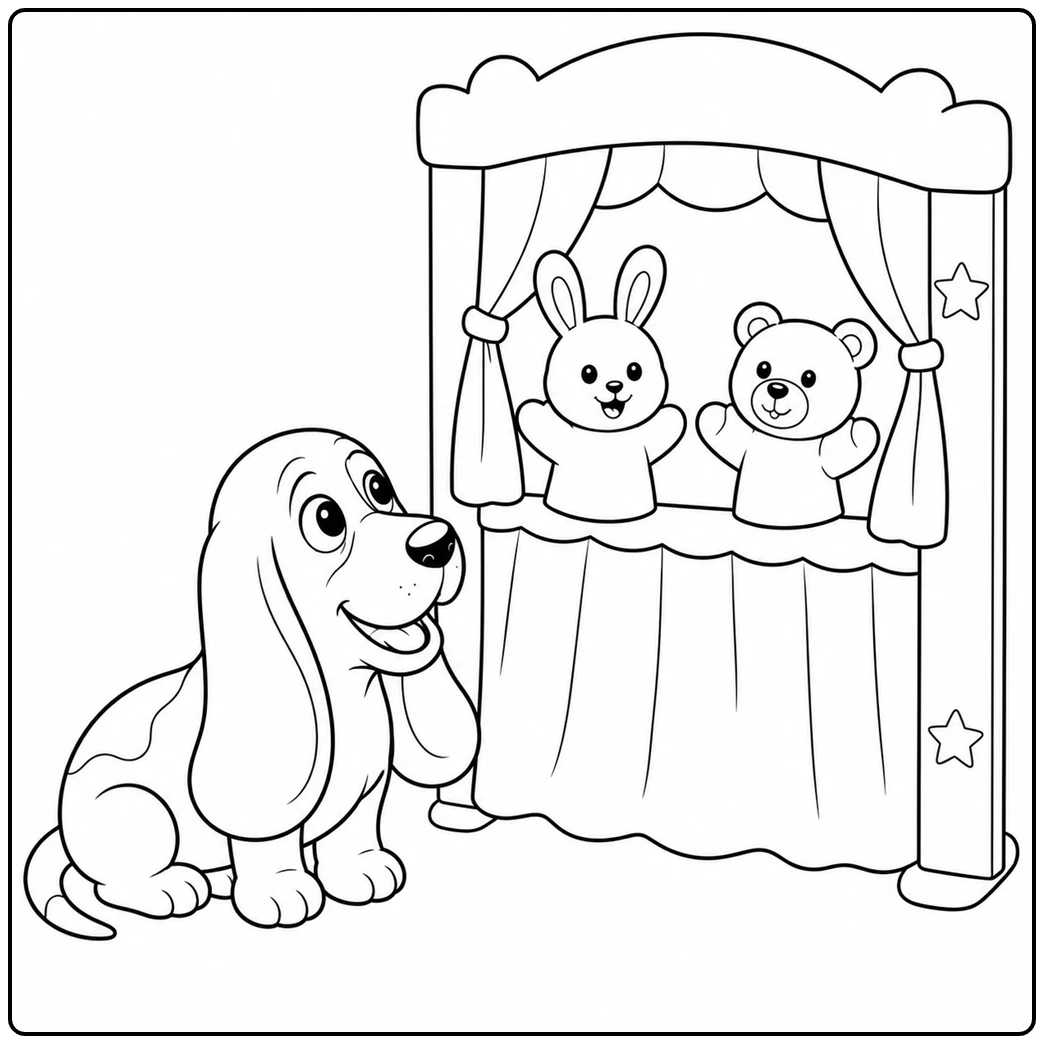 Smiling Basset Hound watches rabbit and bear puppets perform on a small stage