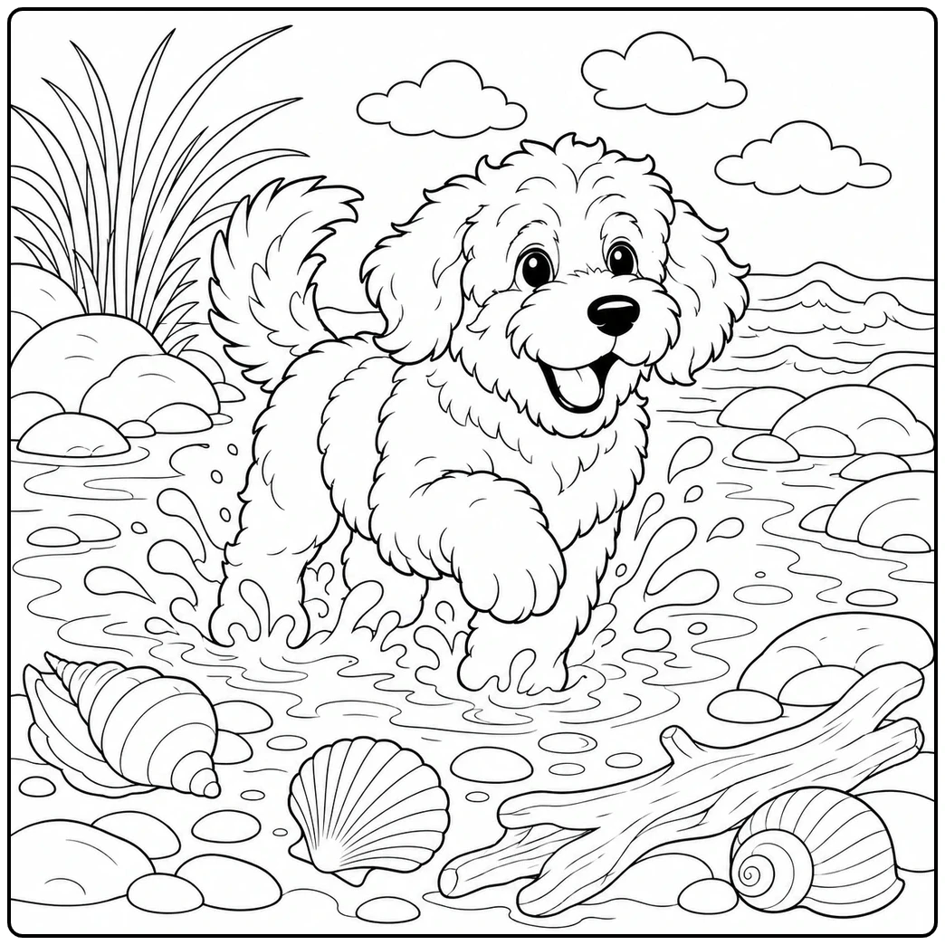 Happy Bernedoodle splashing through shallow coastal water among shells, rocks, and driftwood