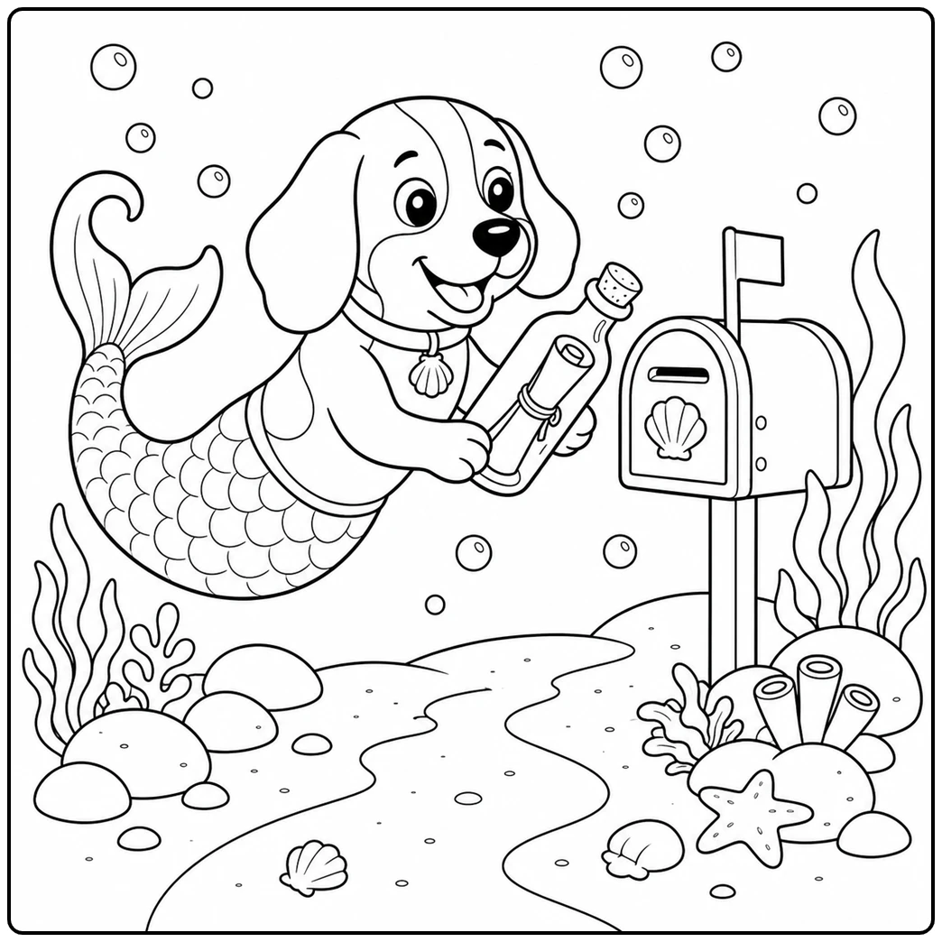 Beagle merdog delivers a message bottle to a small underwater mailbox