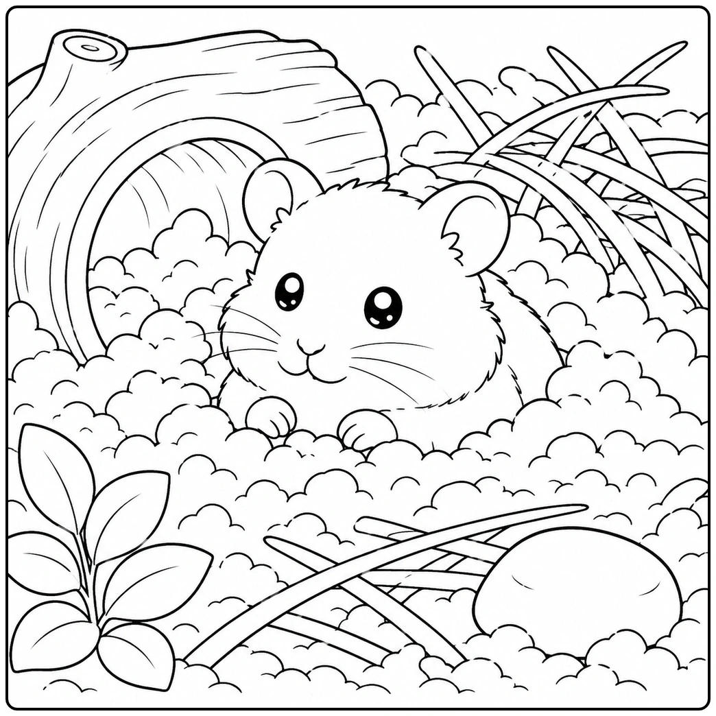 Hamster peeking through soft bedding beside a wooden tunnel, scattered hay, and a smooth stone