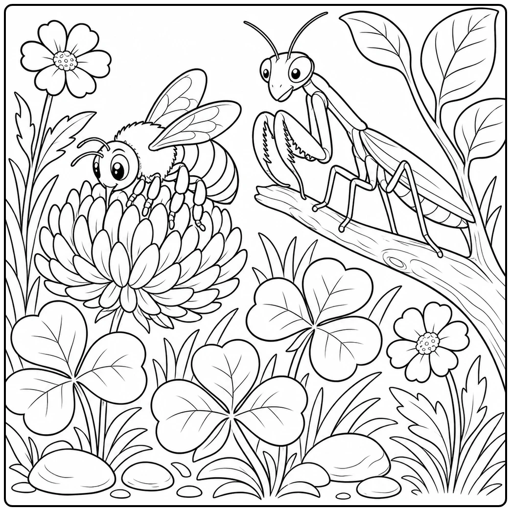 Bee feeding on a large flower beside a praying mantis perched on a branch among clover leaves