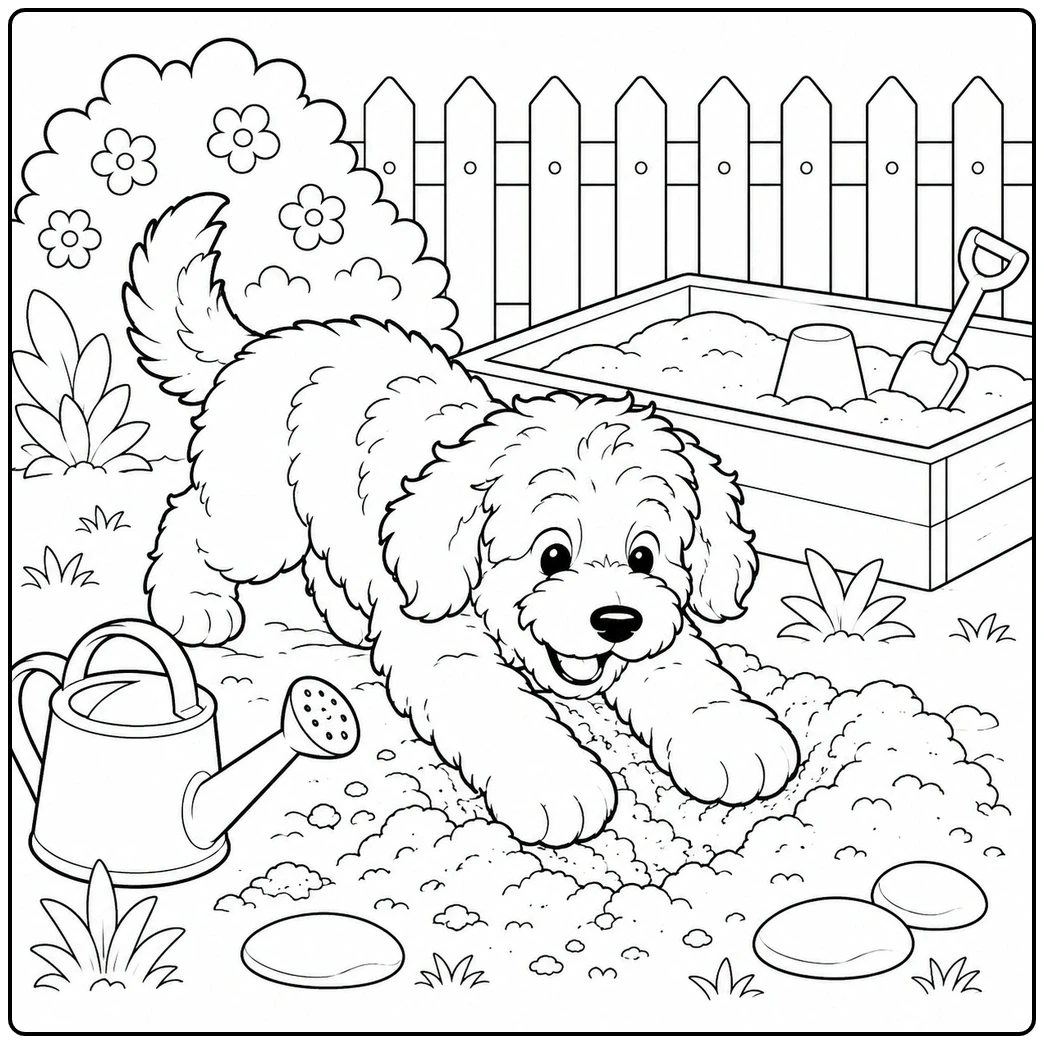 Fluffy dog digging beside a sandbox and watering can in a bernedoodle coloring page
