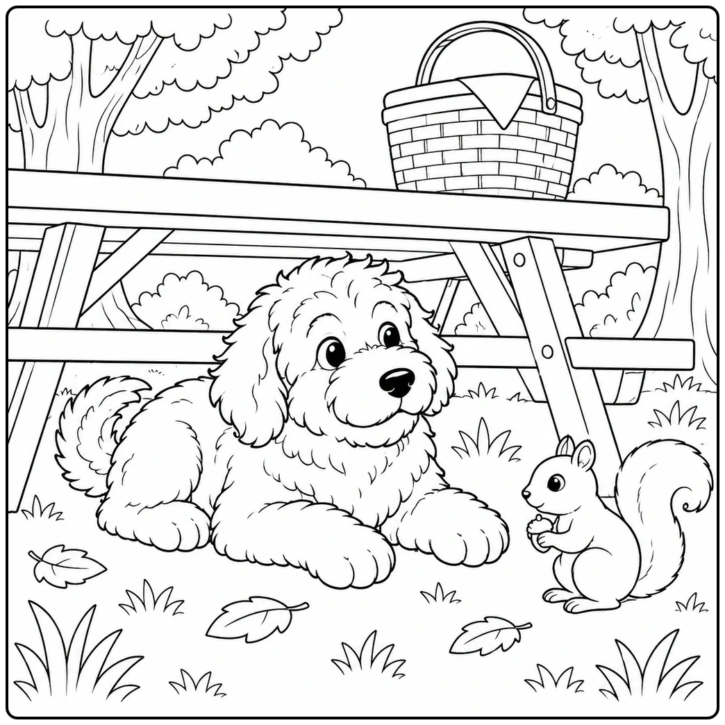 Under a picnic table, a bernedoodle coloring page features a dog quietly watching a squirrel