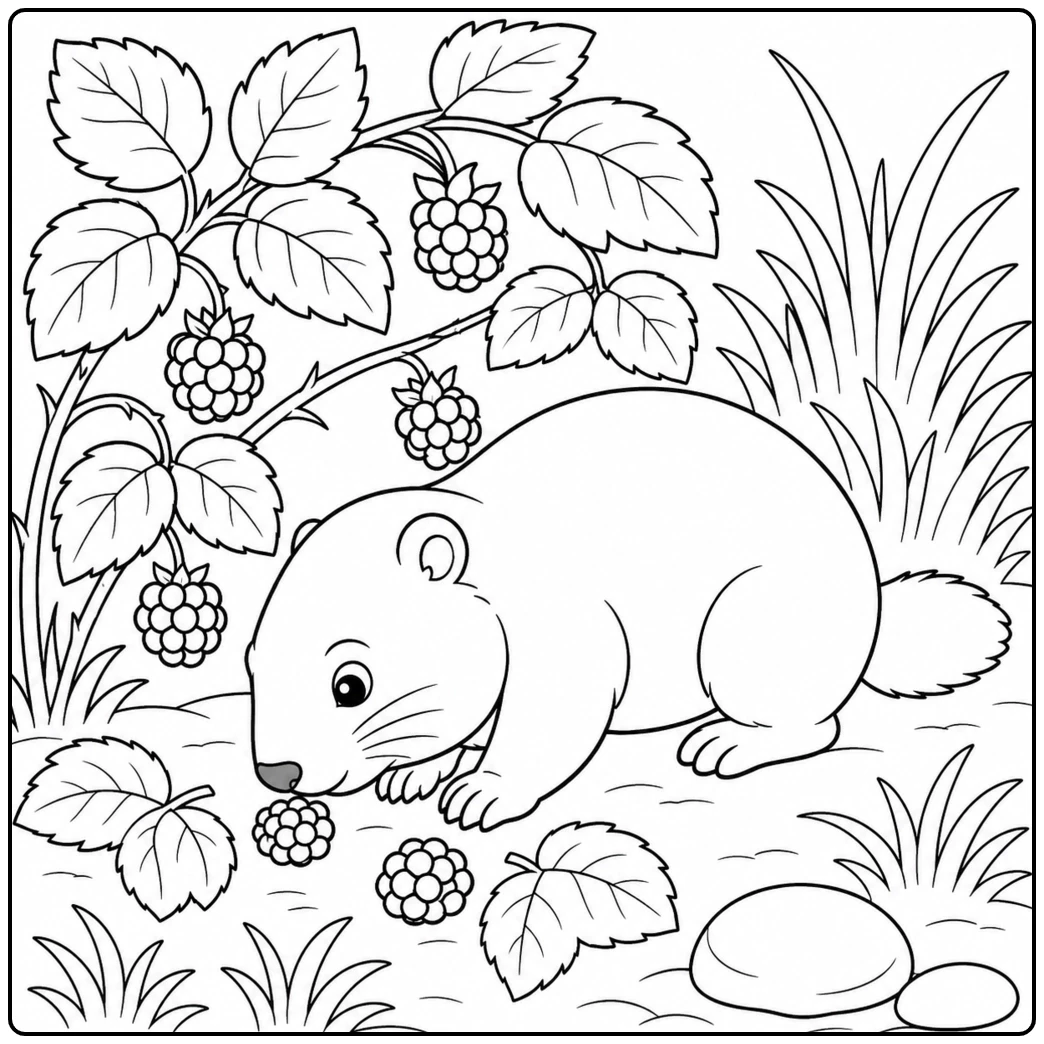 A groundhog lowers its nose toward fallen berries beneath a leafy berry bush surrounded by grass and stones.
