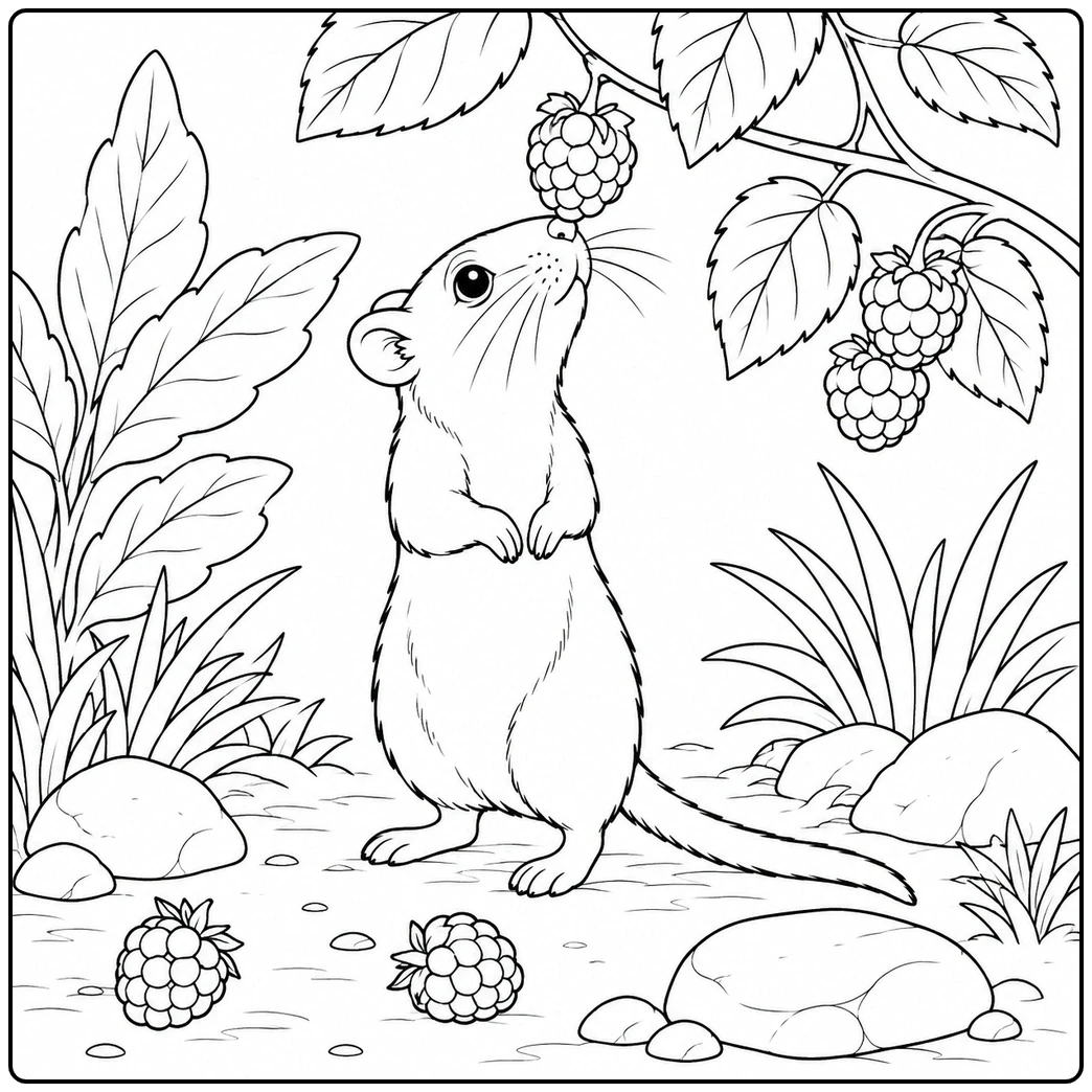 Gerbil coloring page with a standing rodent reaching toward raspberries hanging from a branch