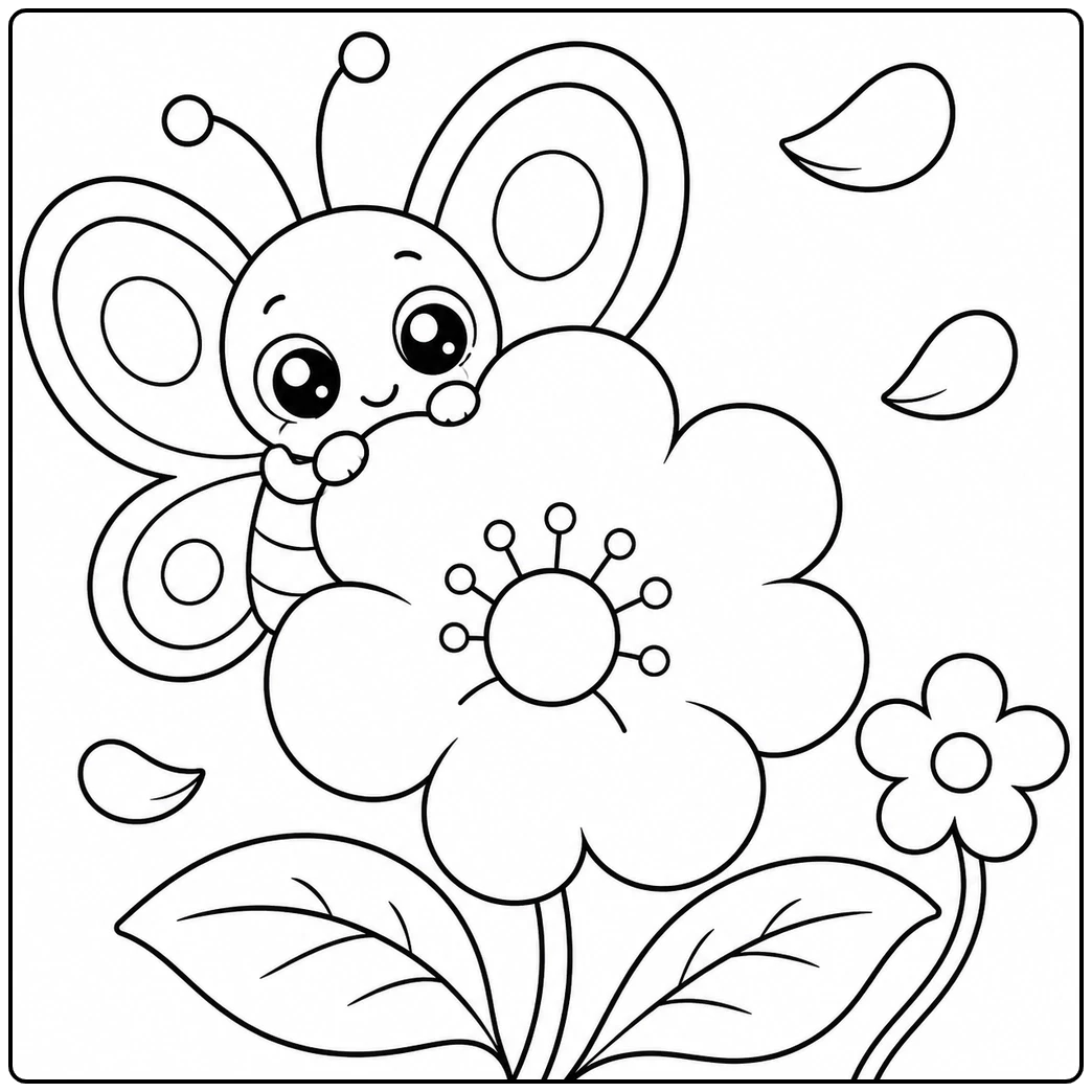 Big-eyed butterfly hugging a flower in a cute and kawaii butterfly coloring page