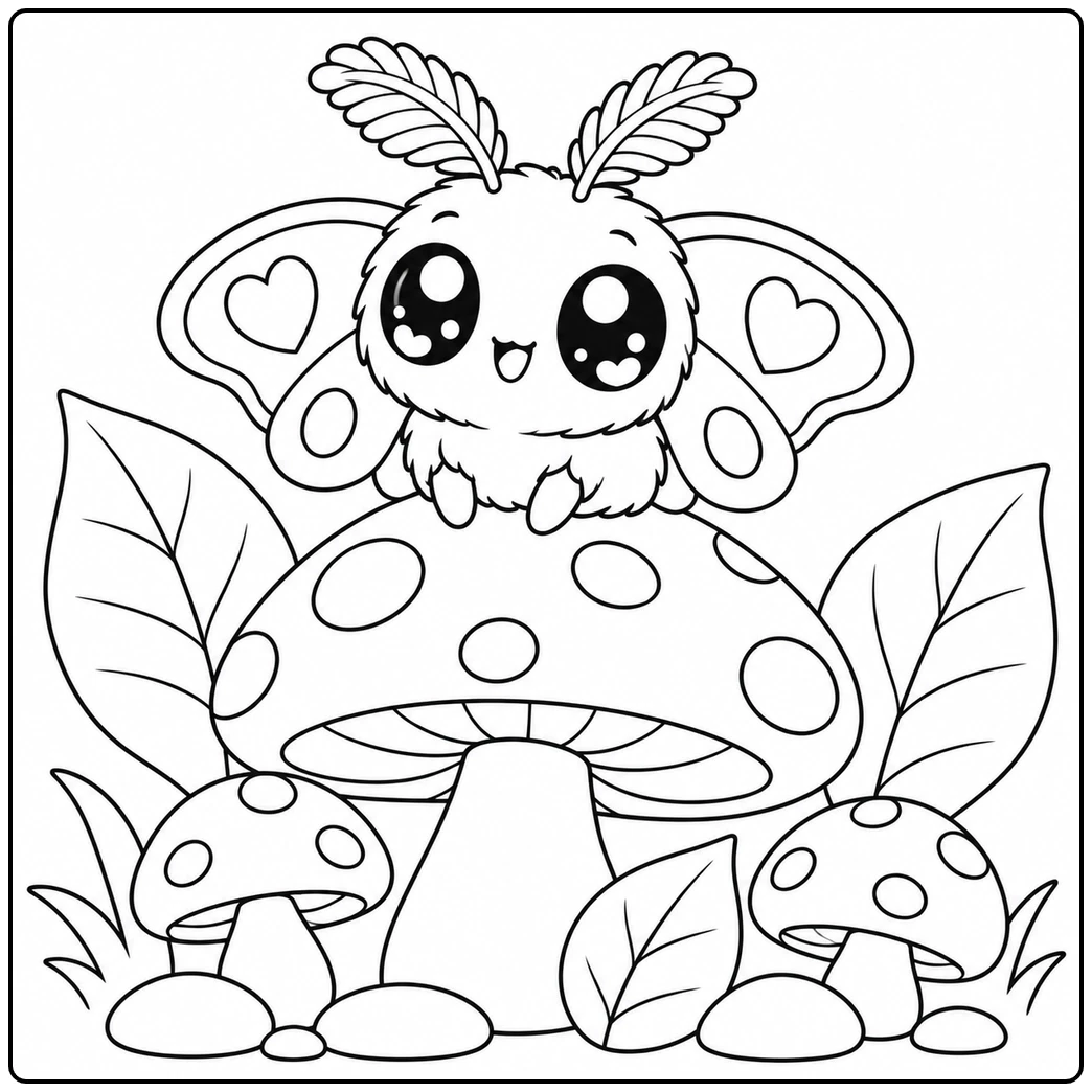Big-eyed kawaii moth perches on a spotted mushroom beside leaves and smaller fungi.