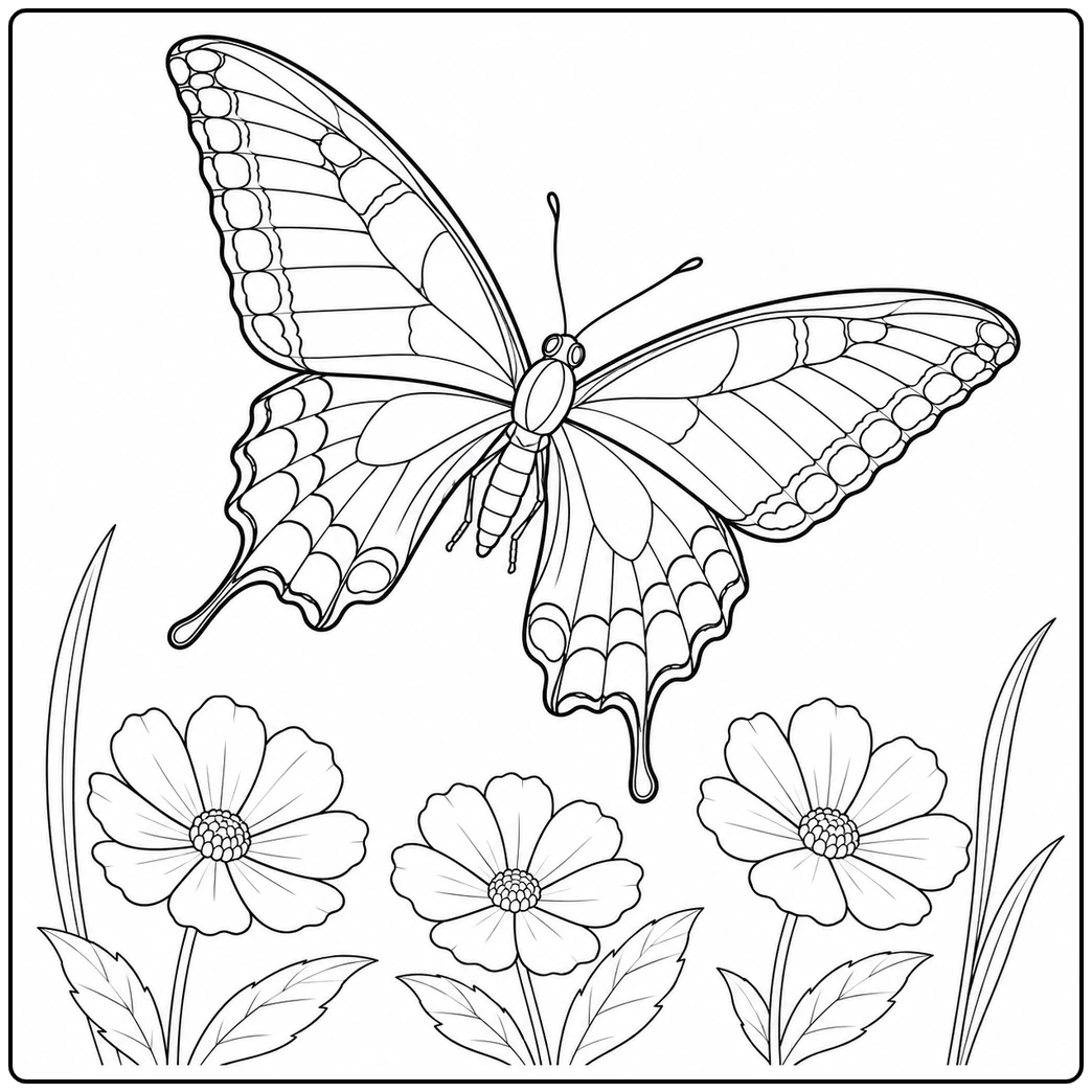 Black Swallowtail flying above wildflowers in a realistic butterfly coloring page