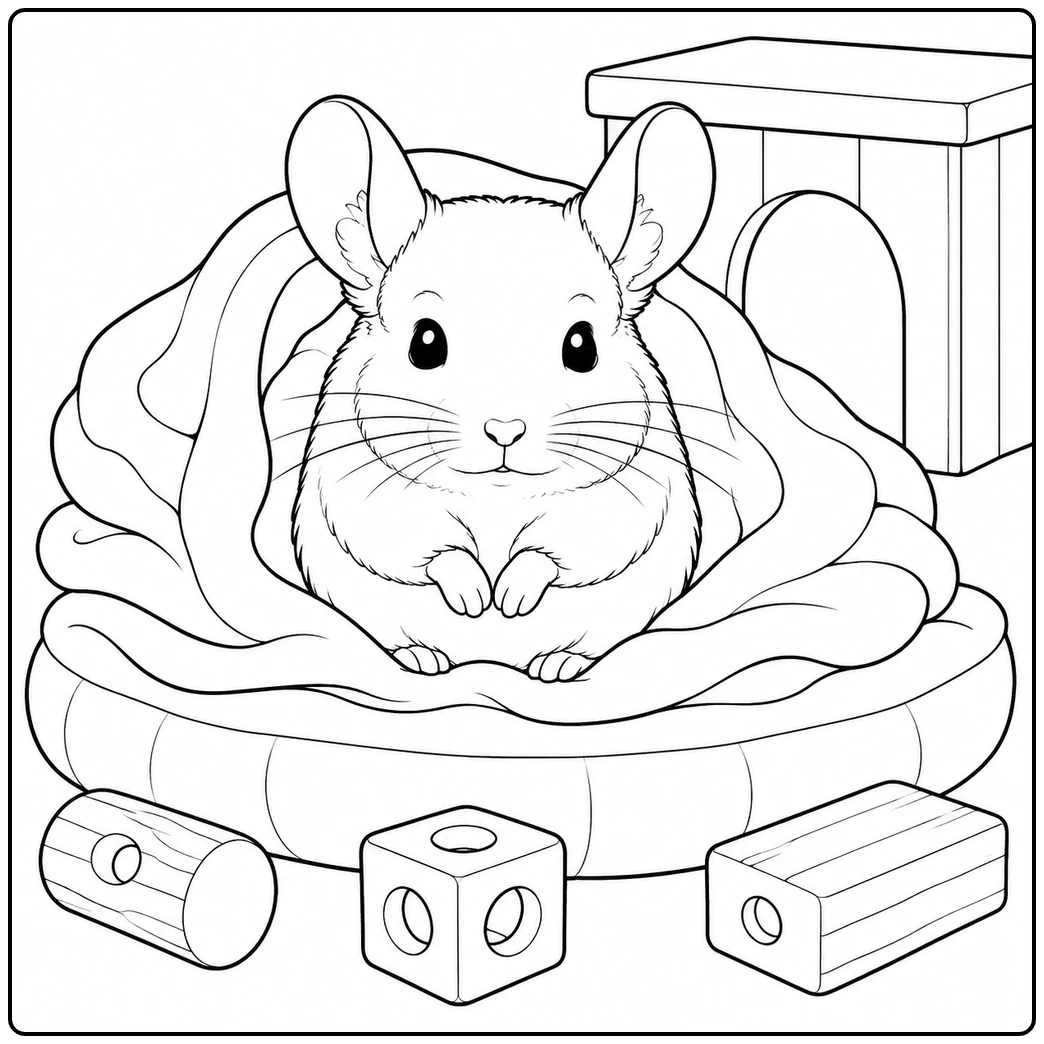 A chinchilla coloring page with the animal tucked into a blanket nest beside wooden toys