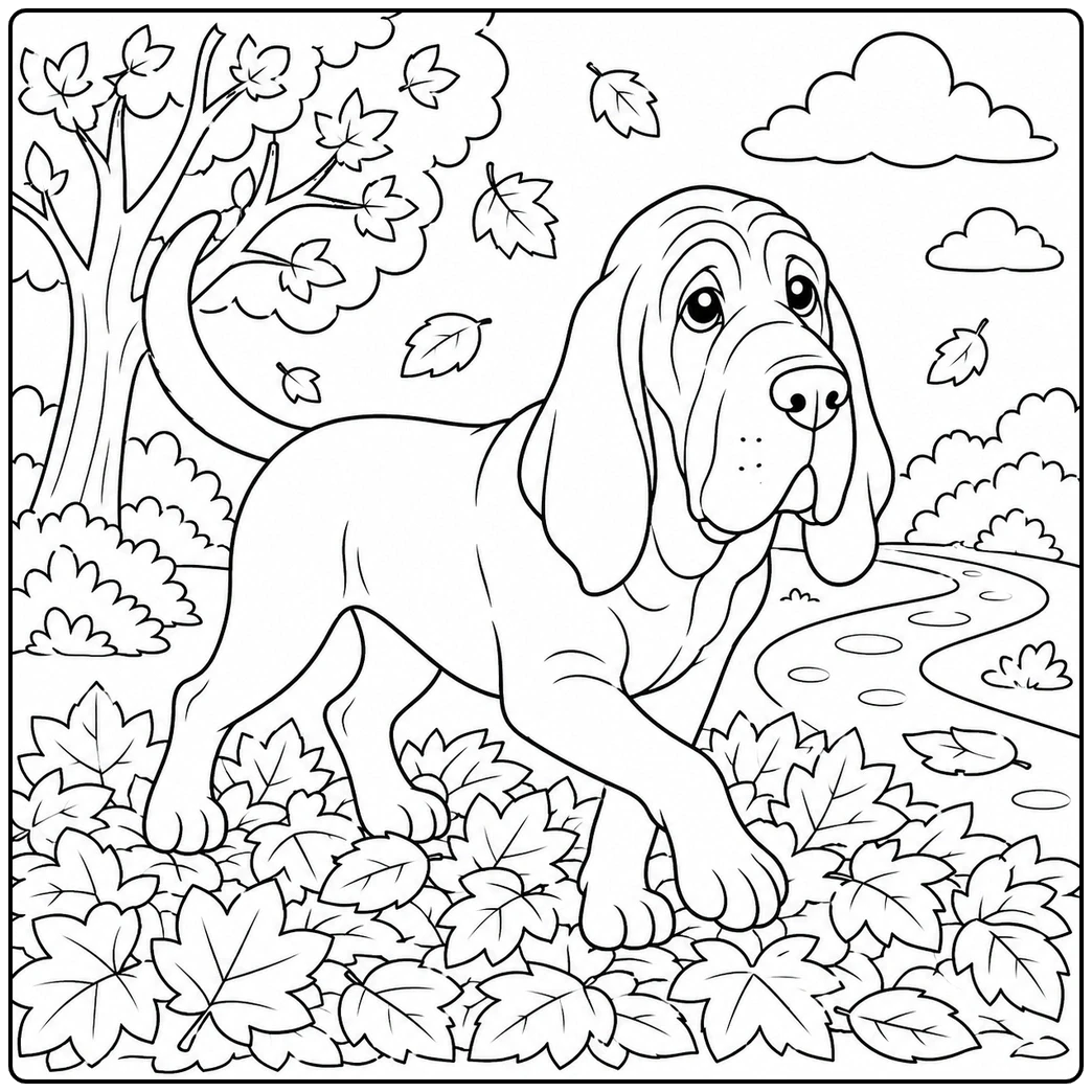 Bloodhound coloring page with a dog walking through autumn leaves beside a curved path