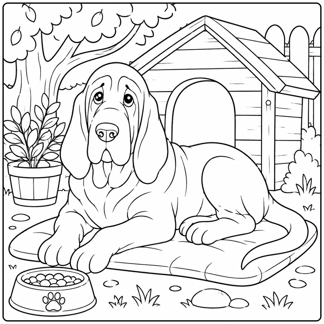 Resting Bloodhound beside a wooden doghouse, food bowl, soft mat, and potted plant