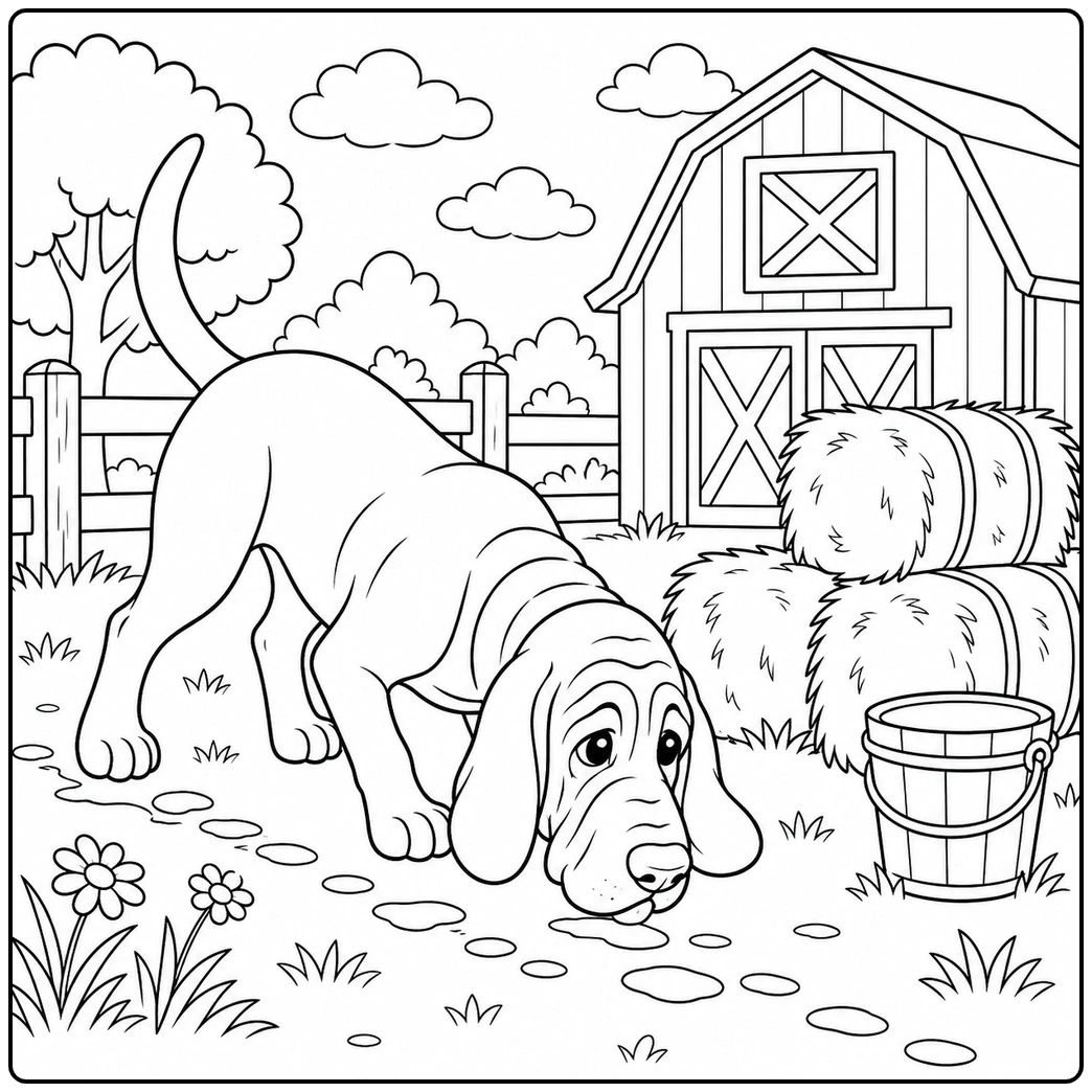 Farmyard scent-tracking scene with a Bloodhound near hay bales, barn, bucket, and fence