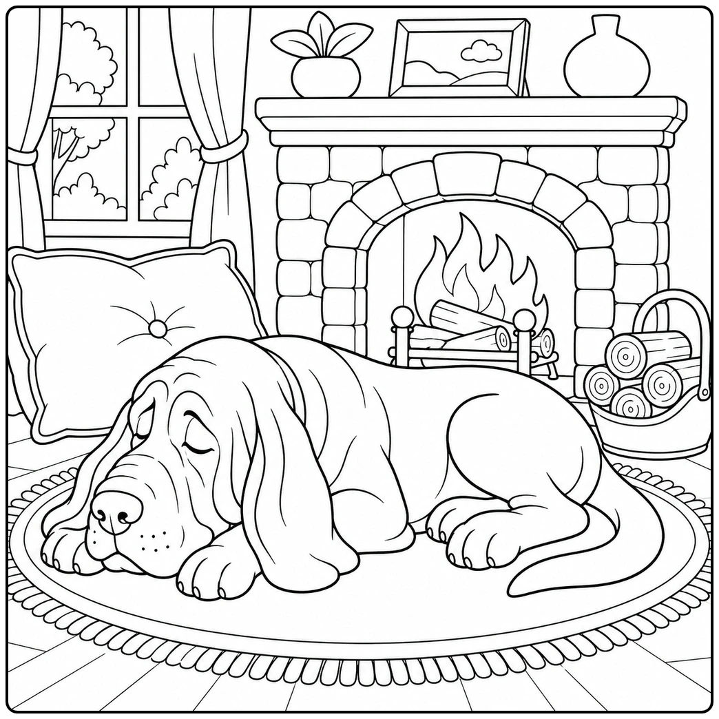 Sleepy Bloodhound lying on a rug near a fireplace, cushion, window, and basket of logs