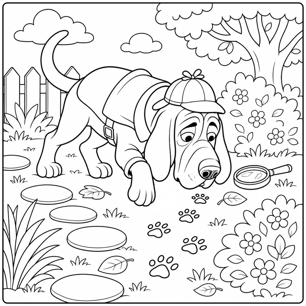 Bloodhound detective following paw prints through a garden path with a magnifying glass nearby