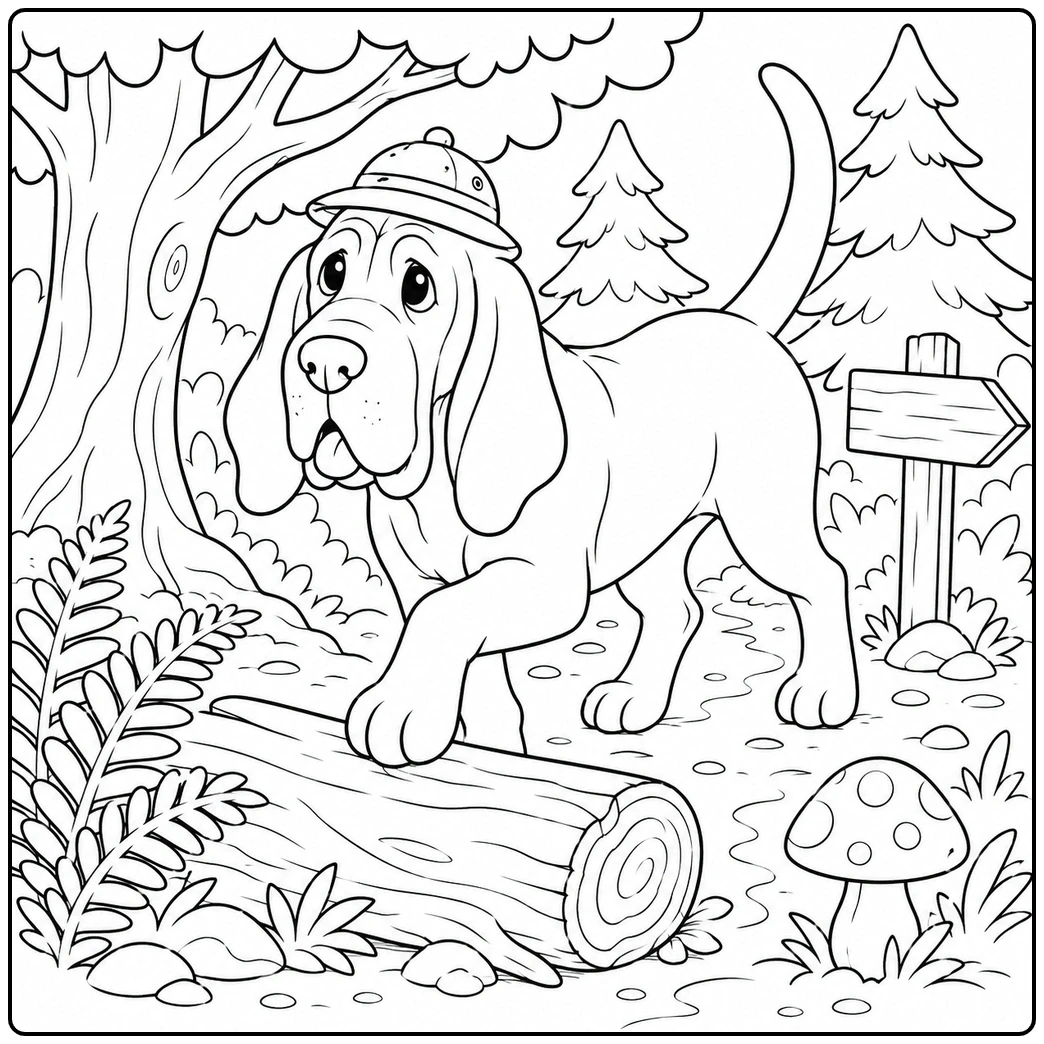 Explorer dog stepping over a log in the forest, a bloodhound coloring page with a trail sign