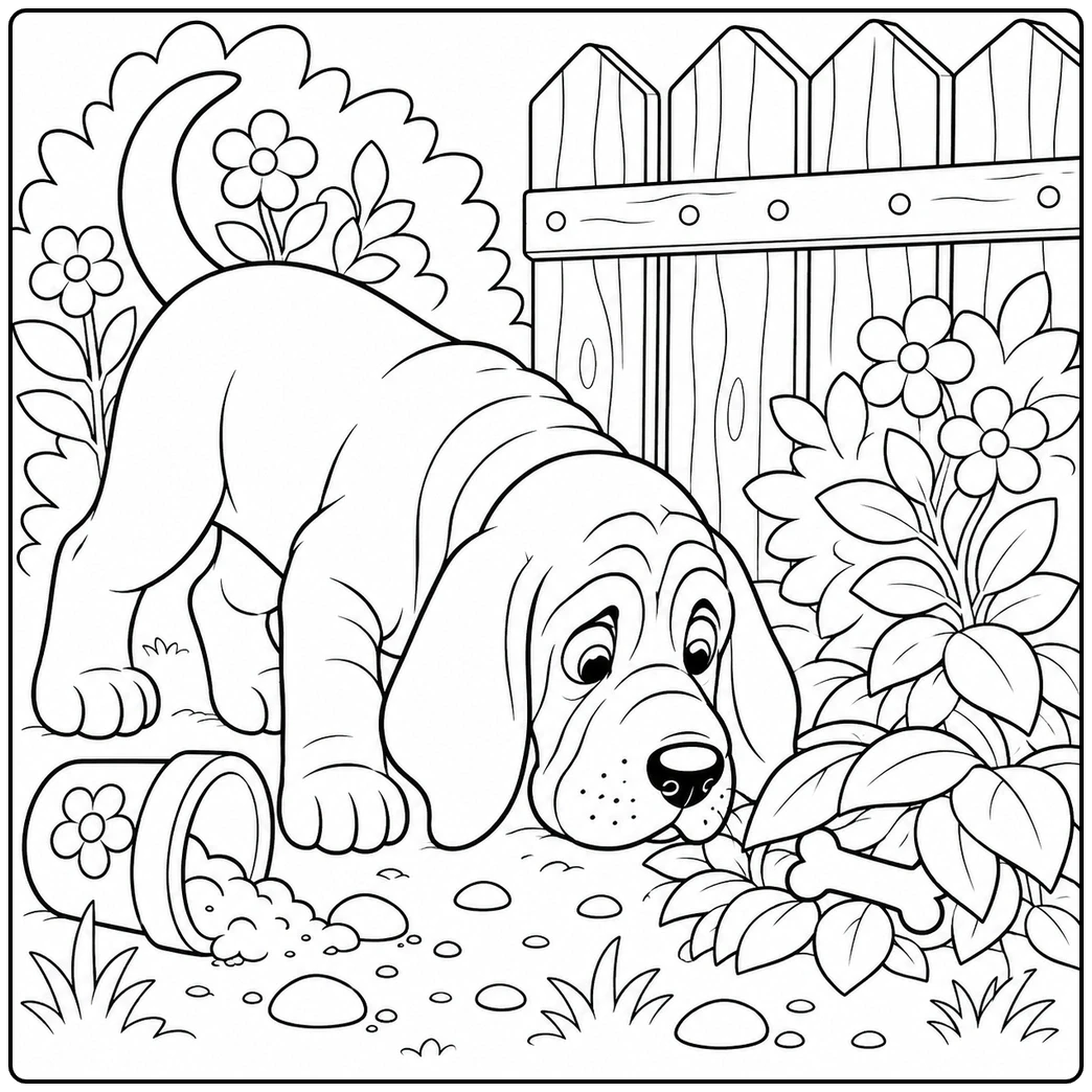 Puppy sniffing near a hidden bone by a fence, a tipped flower pot, and leafy plants
