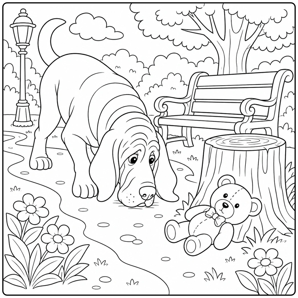 Park scene with a sniffing dog near a lying teddy bear, bench, stump, and flowers